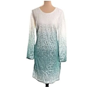 Women Sequin Dress‎ Ombre Green White Long Sleeve Party Holiday Size 10 Evening